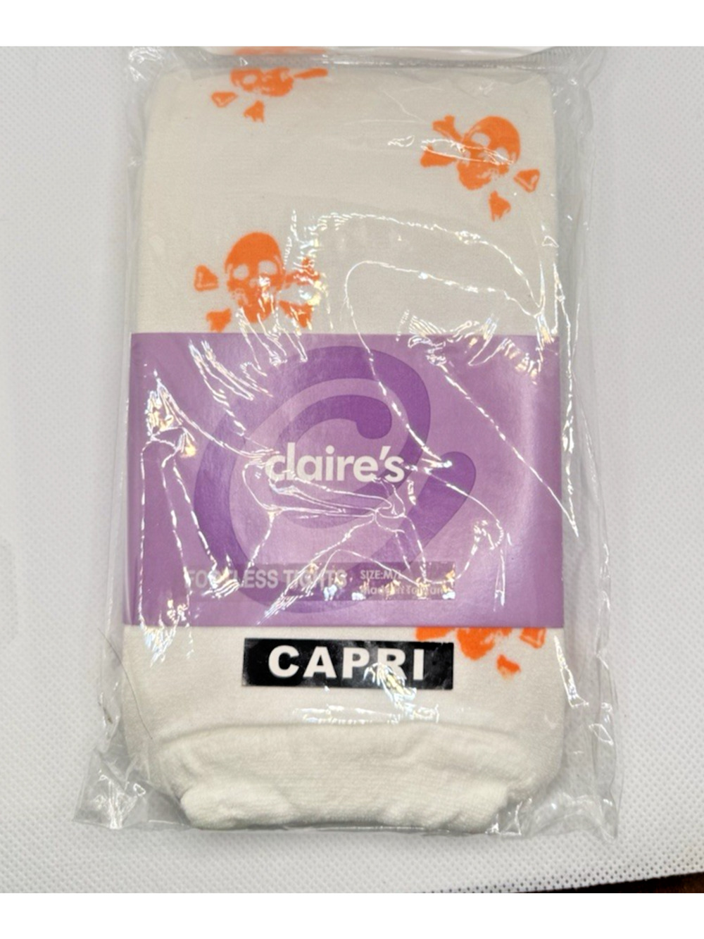 Claire's White Orange Skull Crossbones Capri Footless Tights Women's Sz M/L New